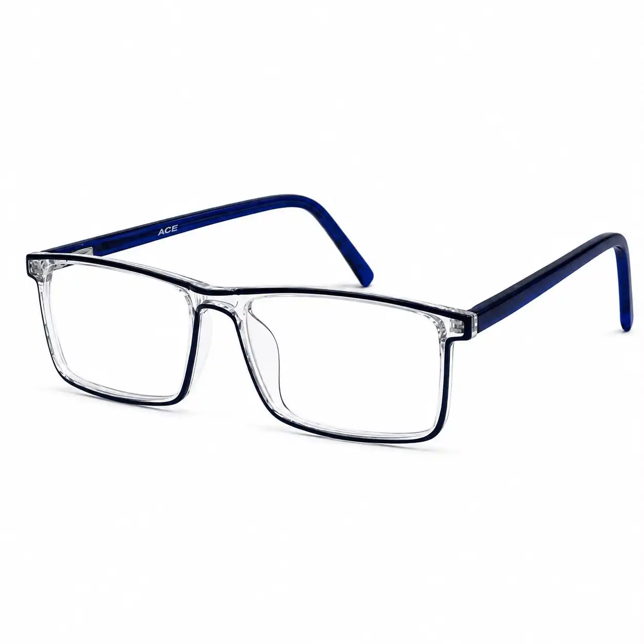 OPX-0421 Clear Rectangular Square Glasses with Navy Blue Temples | Optixxo